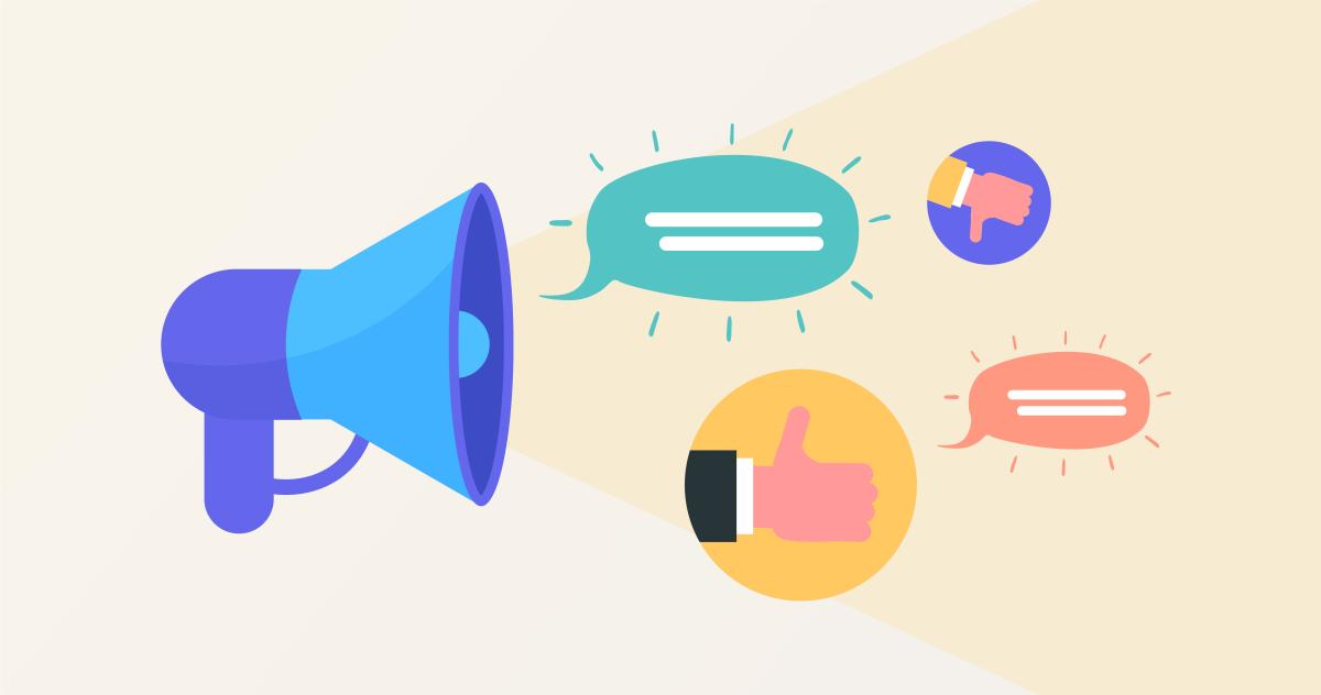 A blue megaphone projecting colorful speech bubbles and icons, including a thumbs-up and thumbs-down, representing feedback and communication